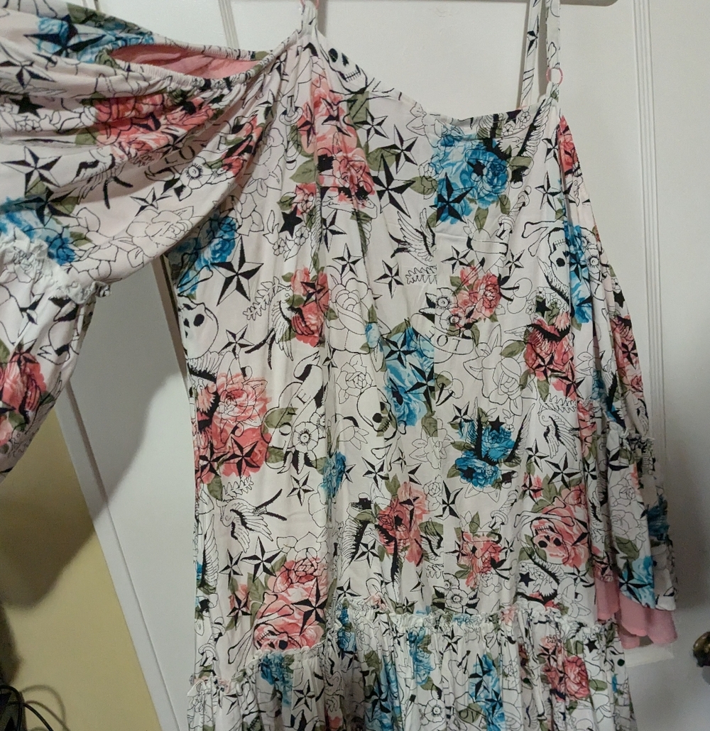 Floral Cold-Shoulder Maxi Dress in Cream with Blue & Pink Flowers And Skulls